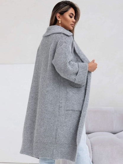 Pocketed Collared Neck Dropped Shoulder Cardigan - Love Salve 