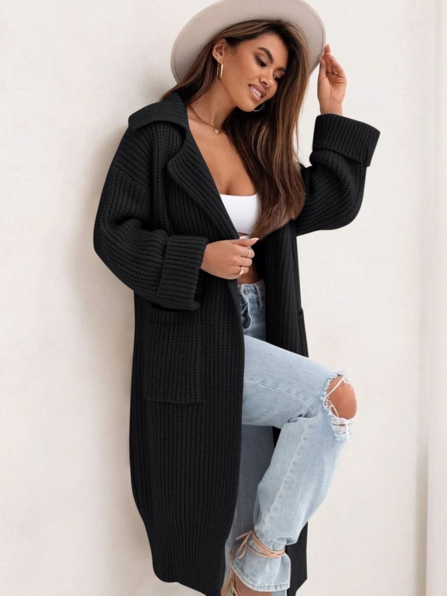 Pocketed Collared Neck Dropped Shoulder Cardigan - Love Salve 