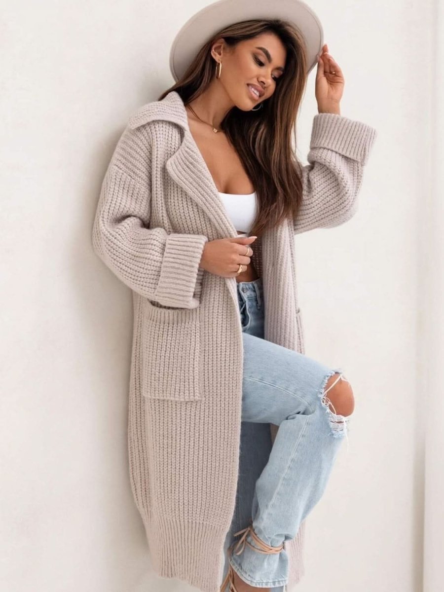 Pocketed Collared Neck Dropped Shoulder Cardigan - Love Salve 