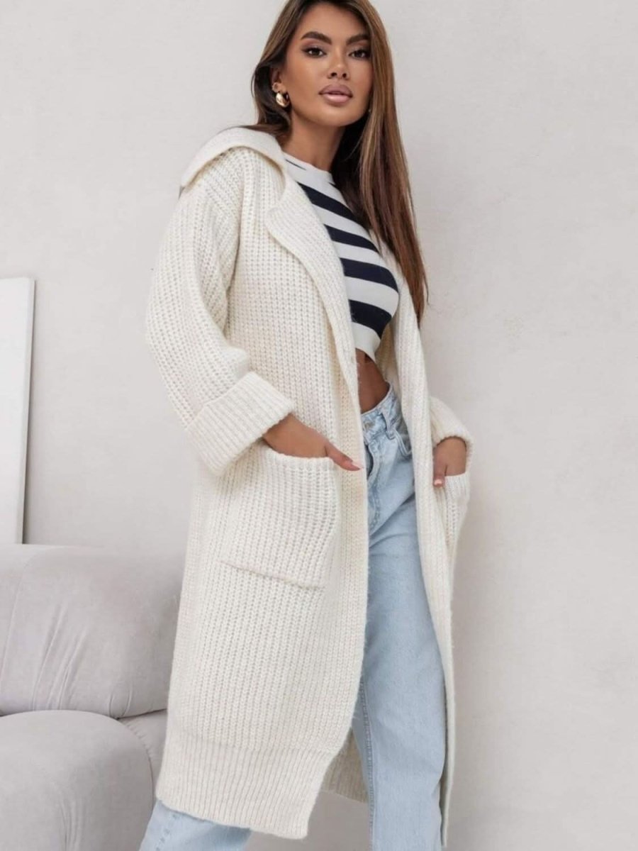 Pocketed Collared Neck Dropped Shoulder Cardigan - Love Salve 