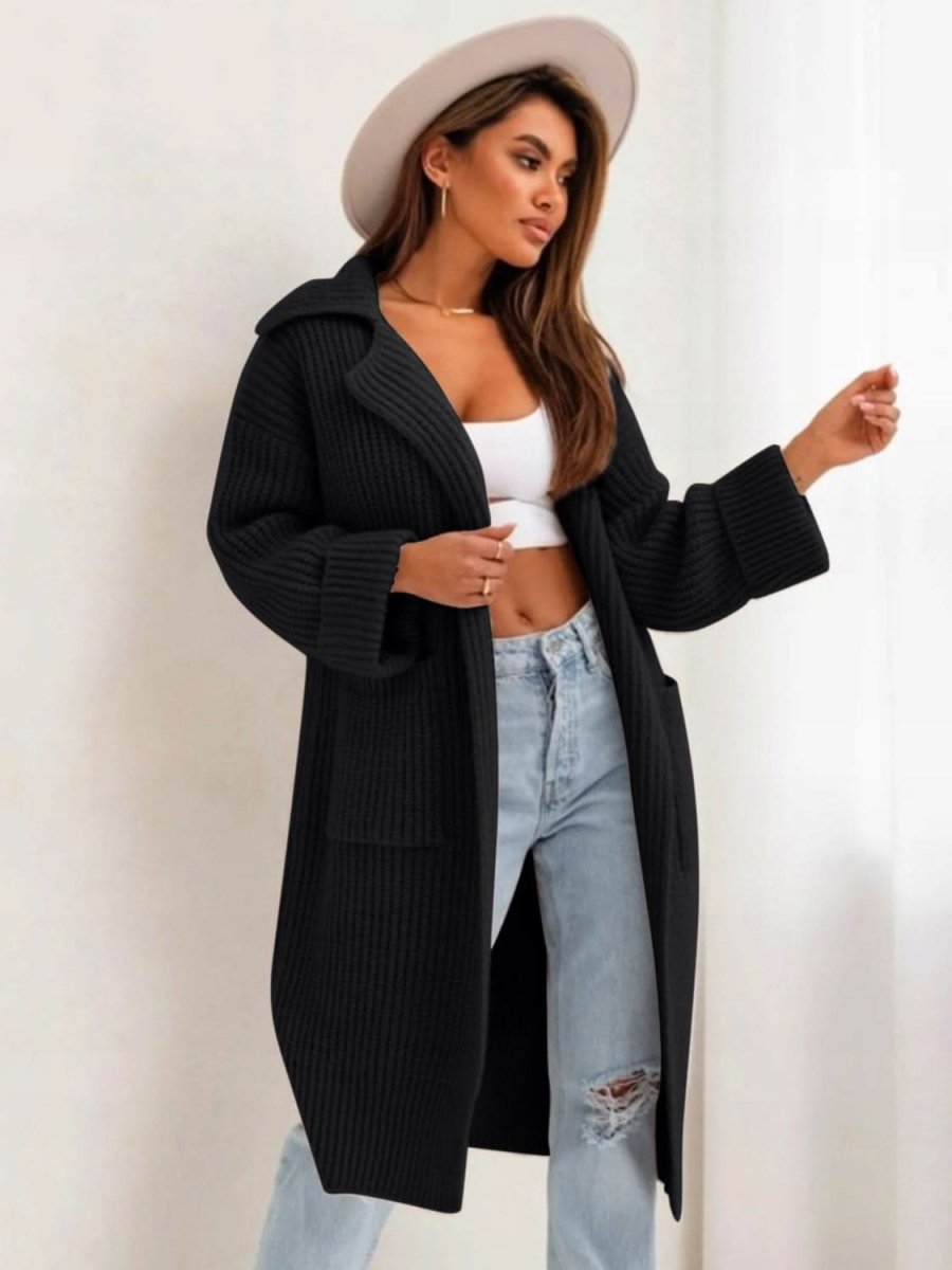 Pocketed Collared Neck Dropped Shoulder Cardigan - Love Salve 