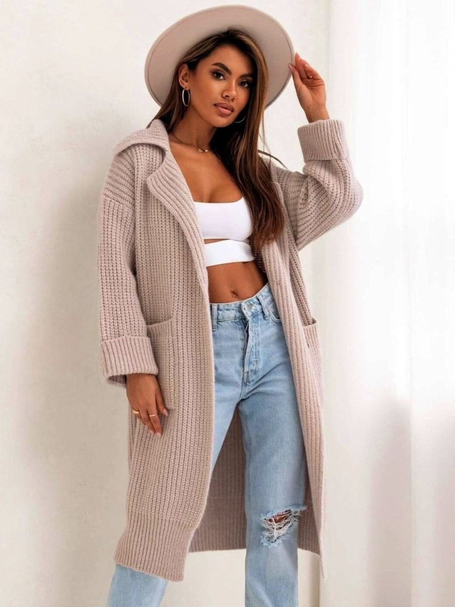 Pocketed Collared Neck Dropped Shoulder Cardigan - Love Salve 