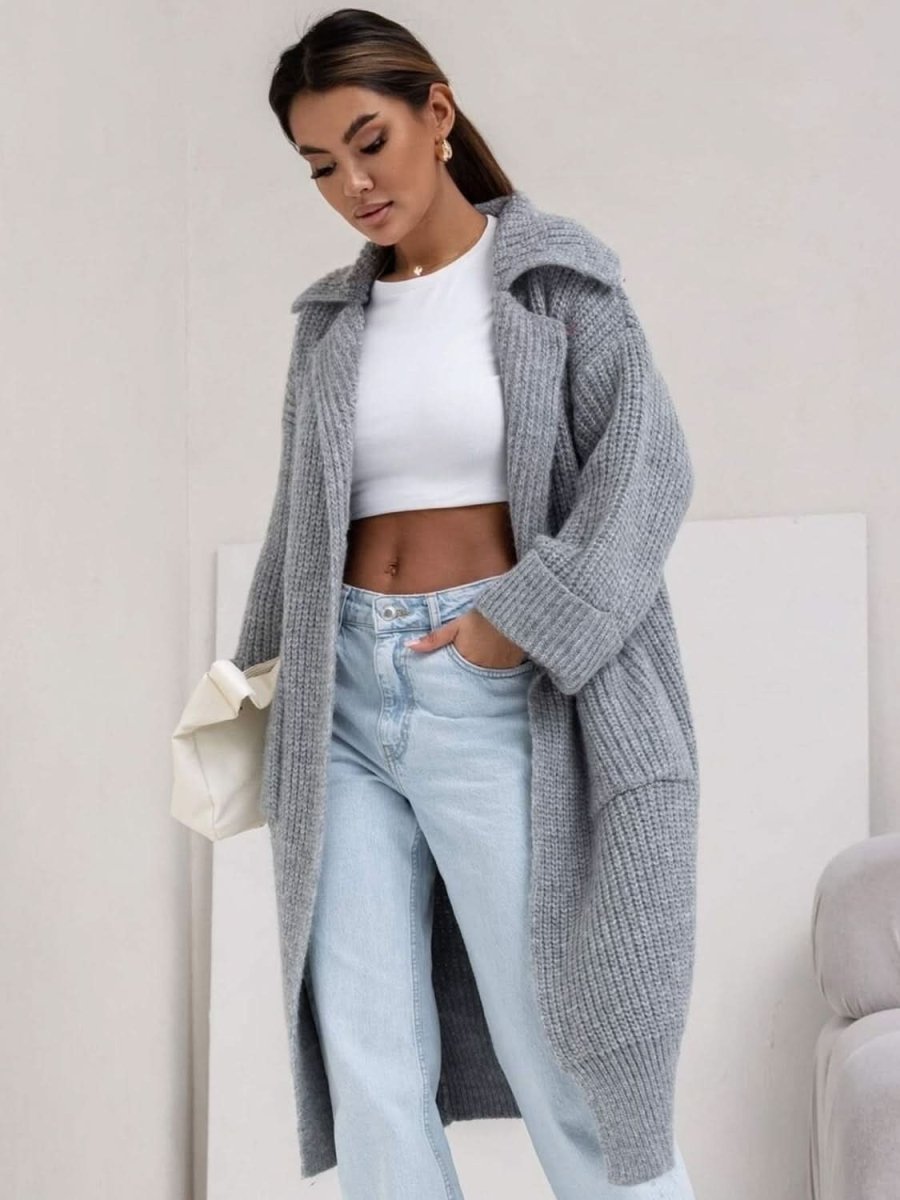 Pocketed Collared Neck Dropped Shoulder Cardigan - Love Salve 
