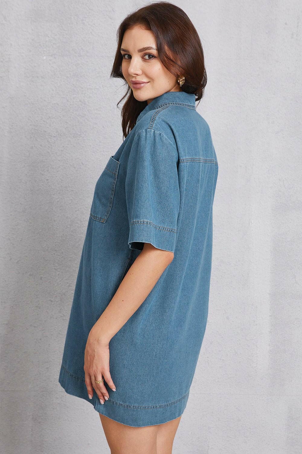 Pocketed Collared Neck Mini Denim Dress - Love Salve