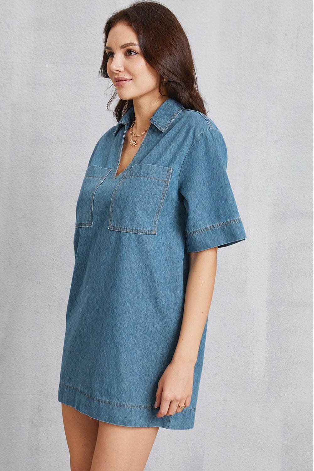 Pocketed Collared Neck Mini Denim Dress - Love Salve