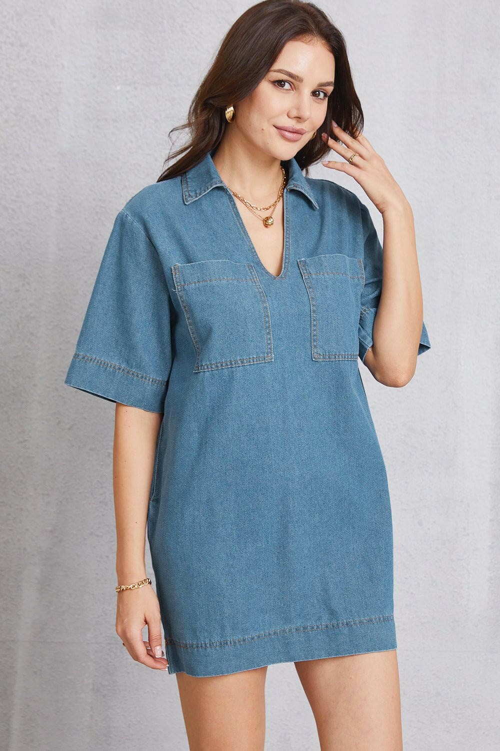 Pocketed Collared Neck Mini Denim Dress - Love Salve