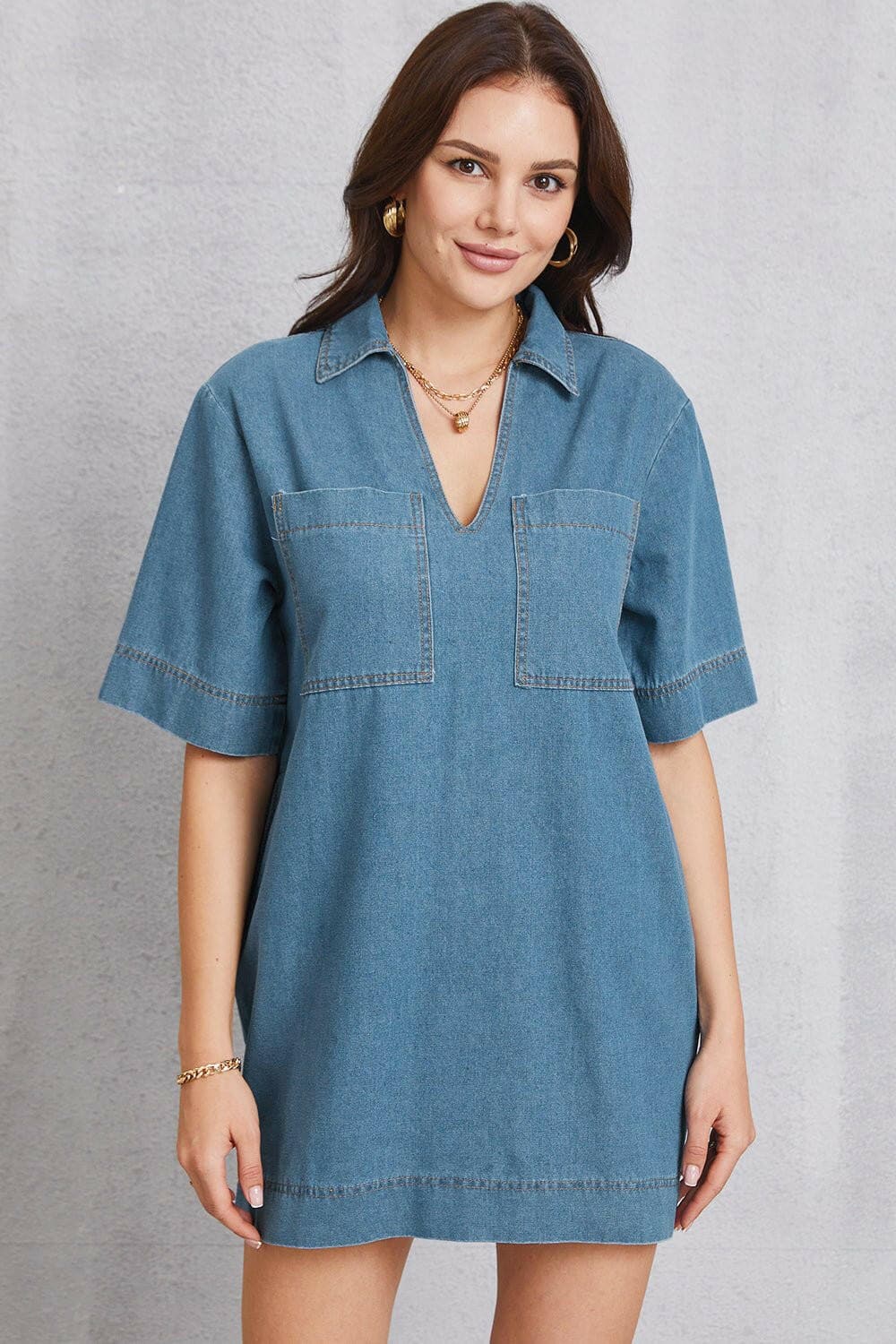 Pocketed Collared Neck Mini Denim Dress - Love Salve