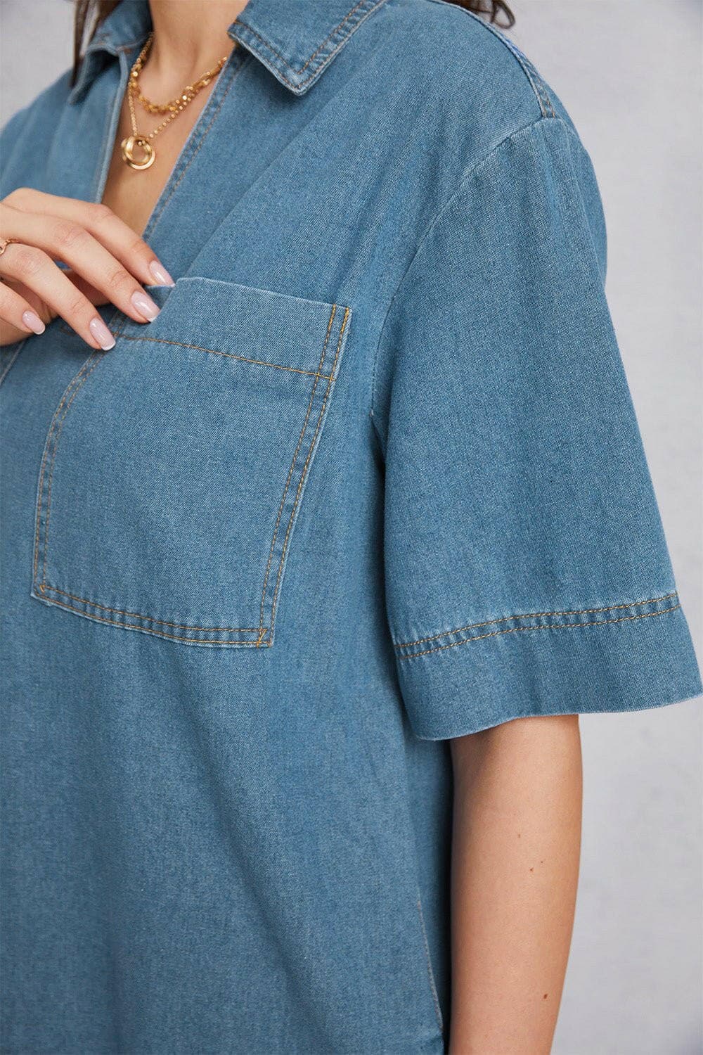 Pocketed Collared Neck Mini Denim Dress - Love Salve