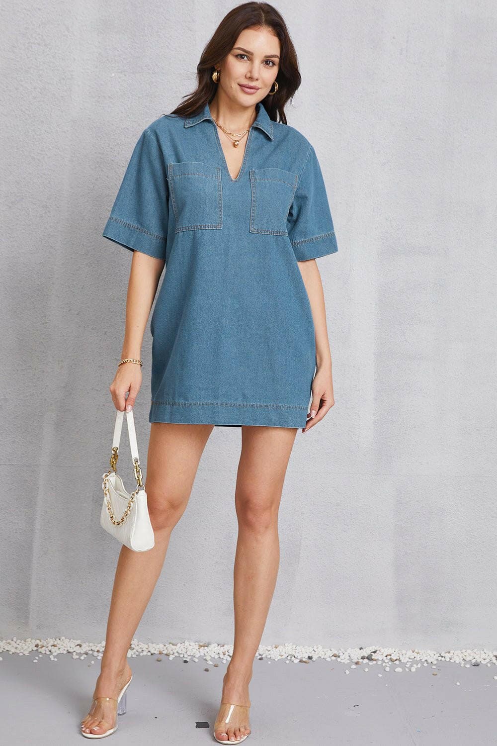 Pocketed Collared Neck Mini Denim Dress - Love Salve