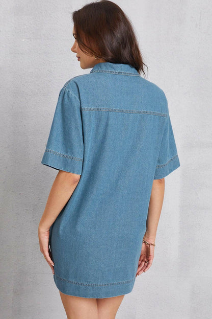 Pocketed Collared Neck Mini Denim Dress - Love Salve