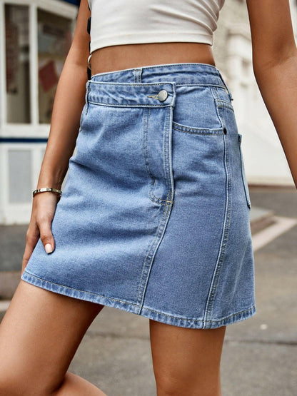 Pocketed High Waist Denim Skirt - Love Salve