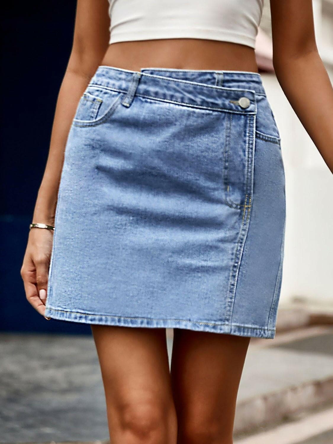 Pocketed High Waist Denim Skirt - Love Salve