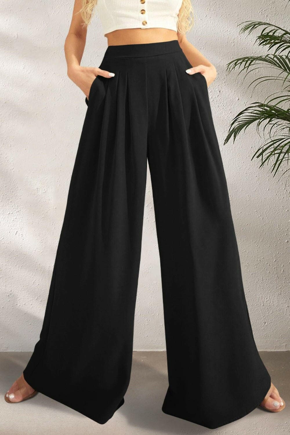 Pocketed High Waist Wide Leg Pants - Love Salve