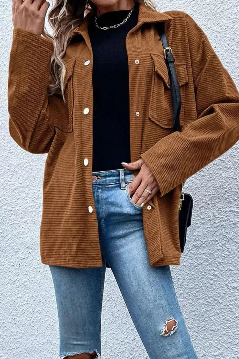 Pocketed Snap Down Long Sleeve Jacket - Love Salve 