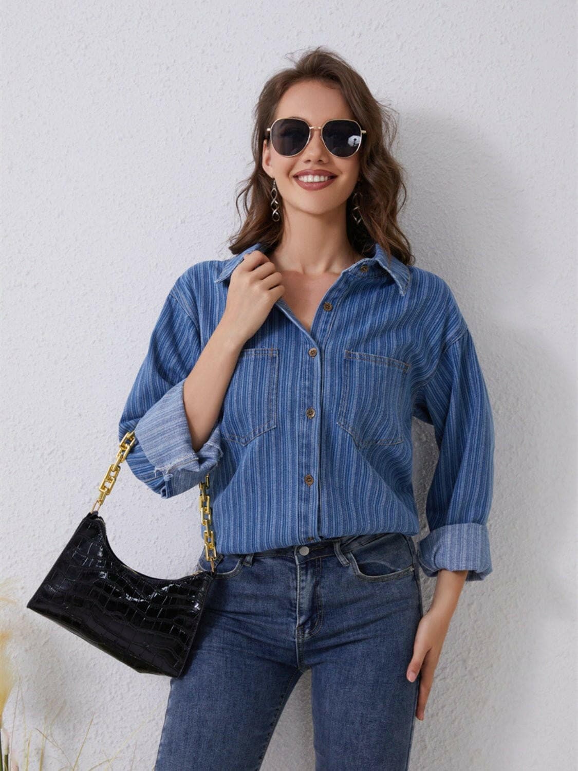 Pocketed Striped Button Up Denim Shirt - Love Salve