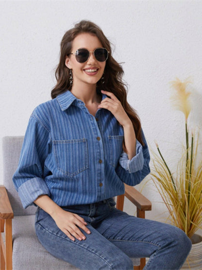 Pocketed Striped Button Up Denim Shirt - Love Salve