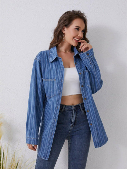 Pocketed Striped Button Up Denim Shirt - Love Salve