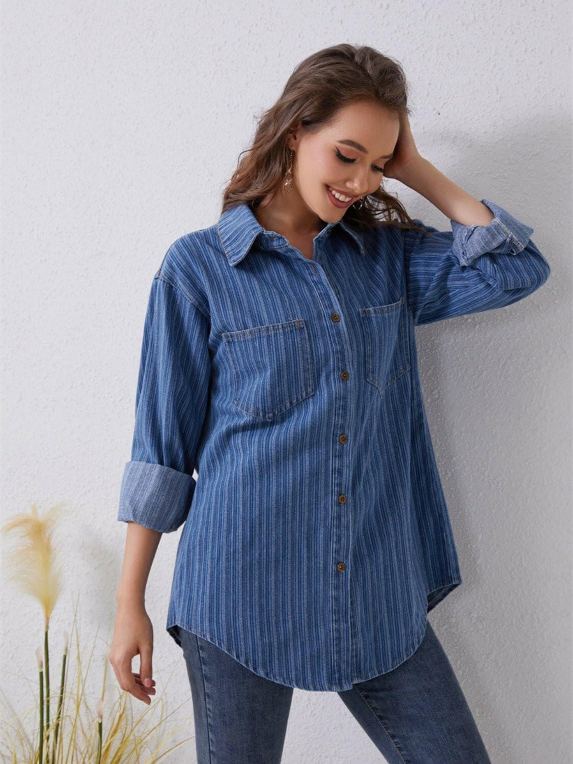 Pocketed Striped Button Up Denim Shirt - Love Salve