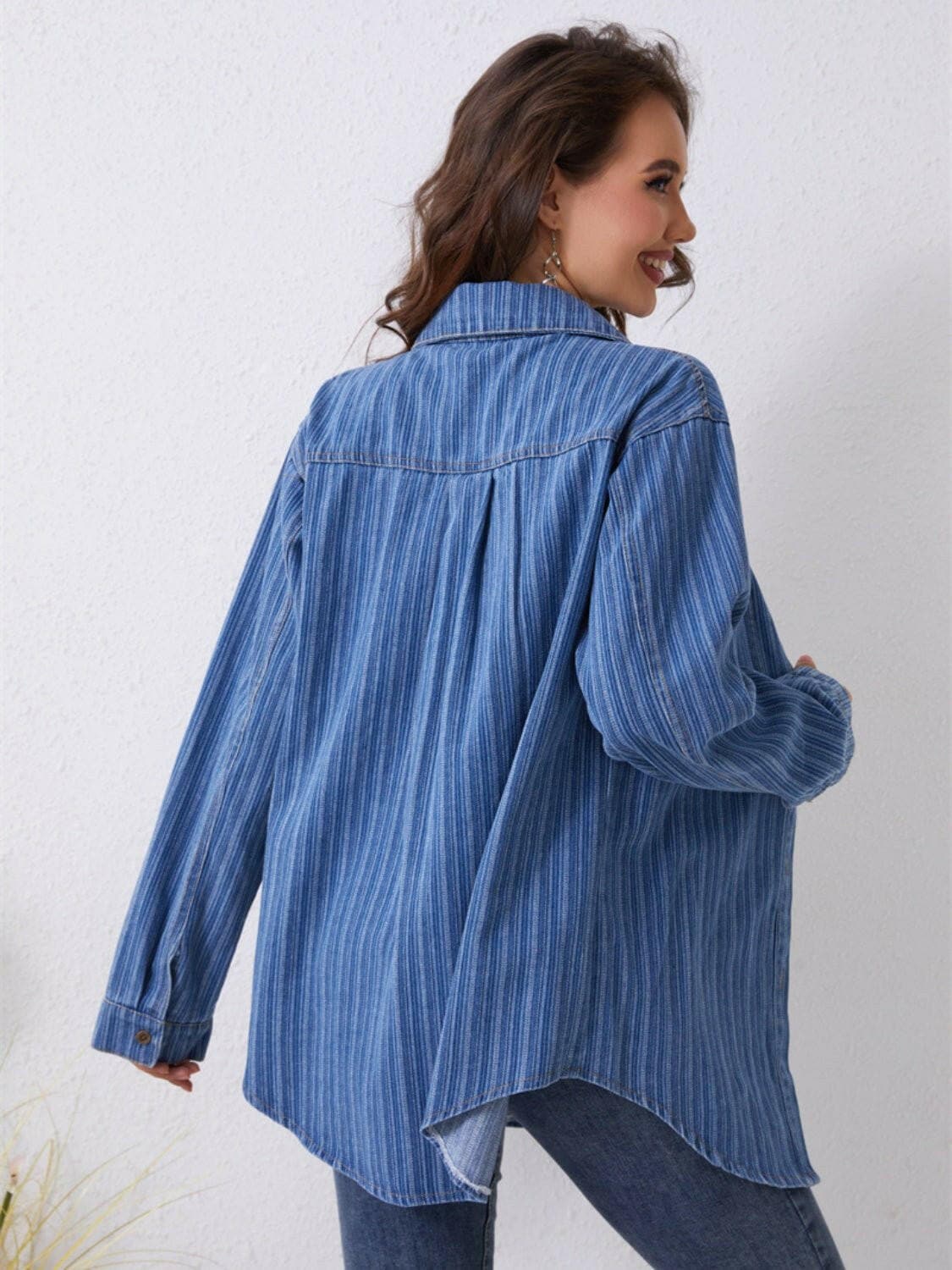 Pocketed Striped Button Up Denim Shirt - Love Salve