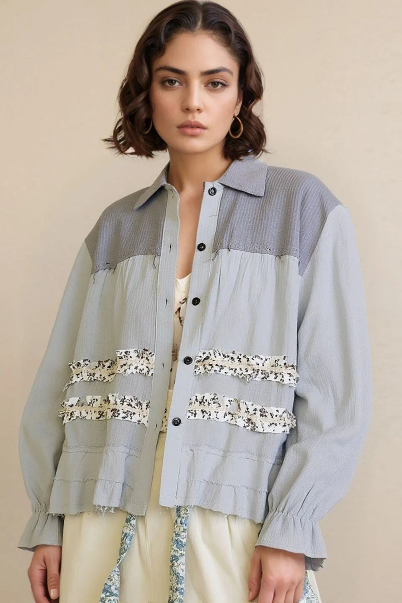 POL Button Down Floral Trim Ruffle Washed Shacket - Love Salve
