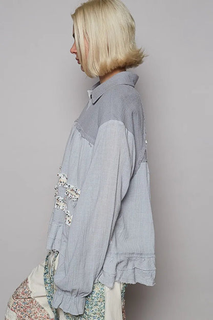 POL Button Down Floral Trim Ruffle Washed Shacket - Love Salve