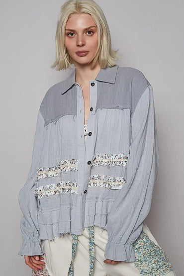 POL Button Down Floral Trim Ruffle Washed Shacket - Love Salve