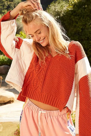 POL Cable Knit Quilting Patch V - Neck Contrast Sweater - Love Salve