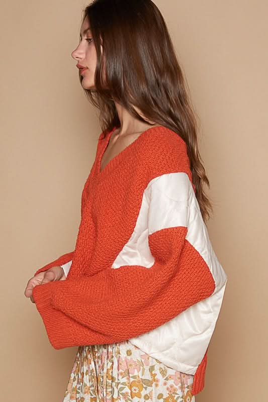 POL Cable Knit Quilting Patch V-Neck Contrast Sweater - Love Salve 