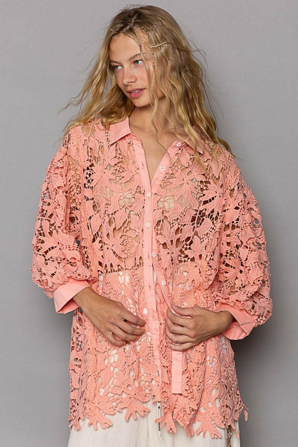 POL Collared Neck Button Up Lace Shirt - Love Salve