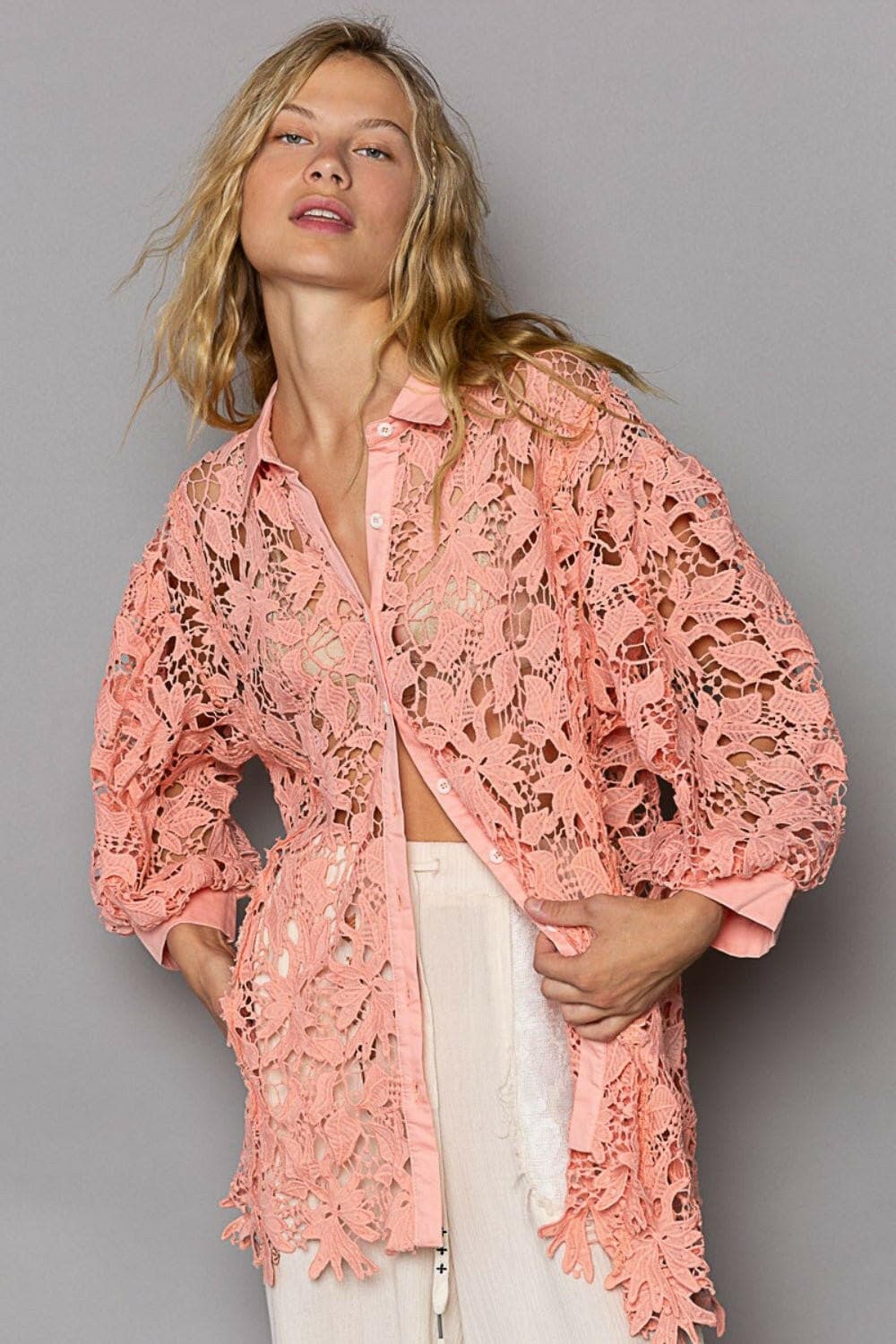 POL Collared Neck Button Up Lace Shirt - Love Salve