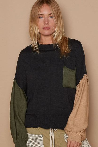 POL Color Block Roll Hem Hacci Sweater - Love Salve 