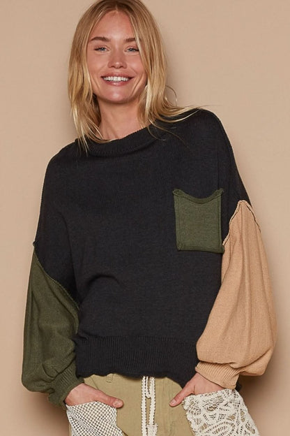 POL Color Block Roll Hem Hacci Sweater - Love Salve 