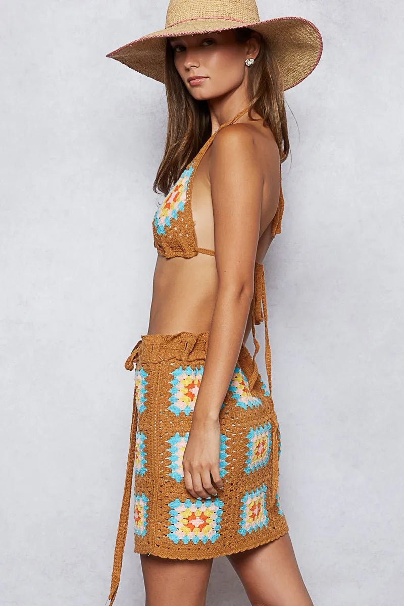 POL Crochet Halter Neck Cami and Skirt Sweater Set - Love Salve