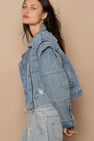 POL Cropped Denim Jacket with Functional Zipper Detail - Love Salve