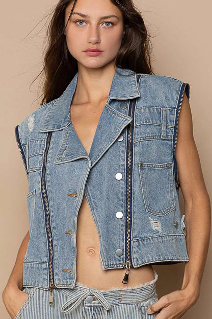 POL Cropped Denim Jacket with Functional Zipper Detail - Love Salve