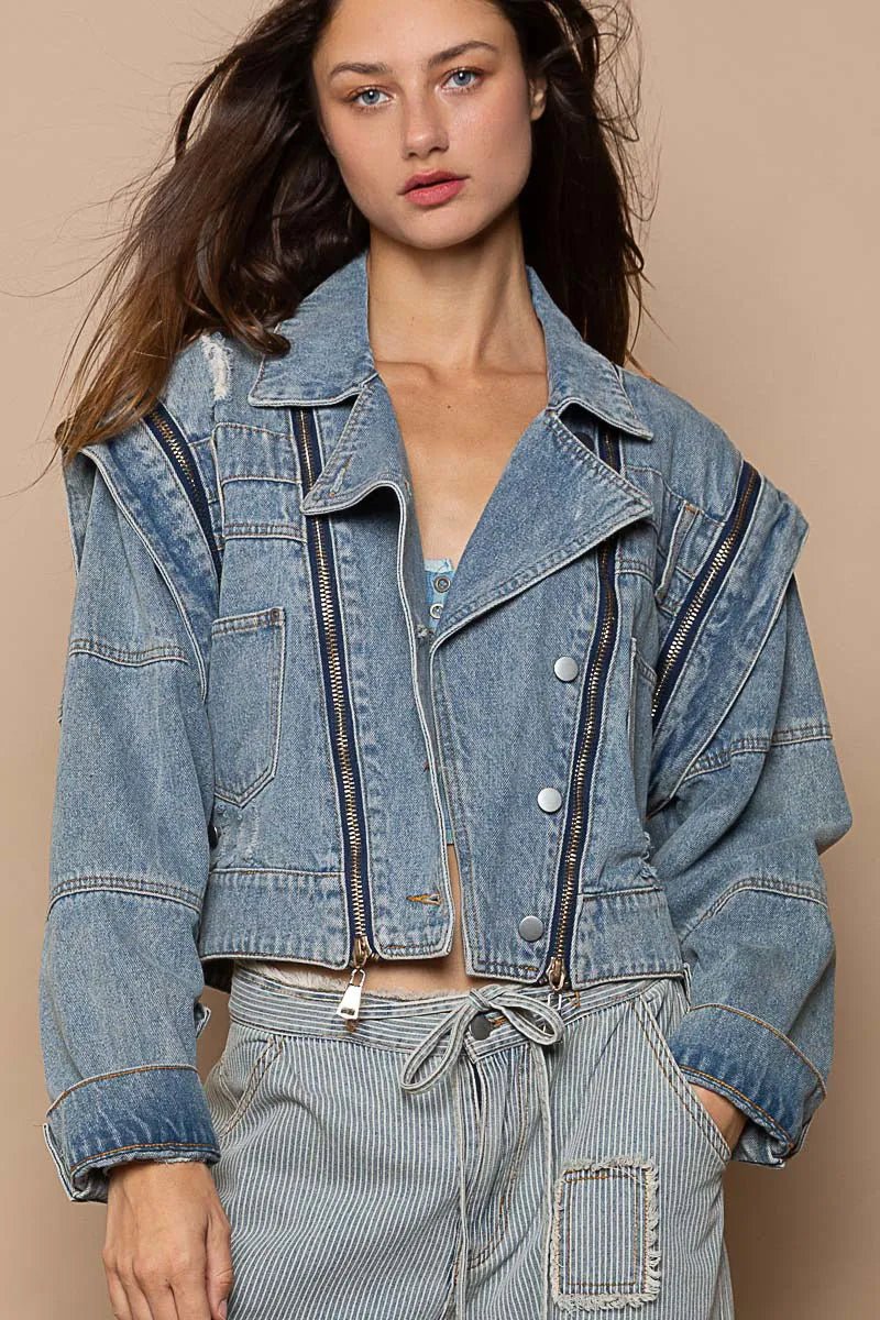 POL Cropped Denim Jacket with Functional Zipper Detail - Love Salve