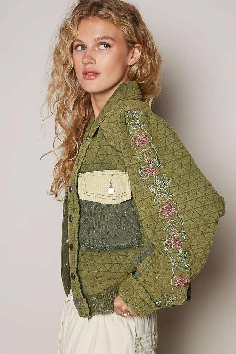 POL Embroidered Sleeve Raw Edge Quilted Jacket - Love Salve 