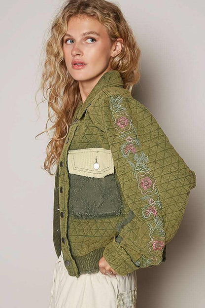 POL Embroidered Sleeve Raw Edge Quilted Jacket - Love Salve 