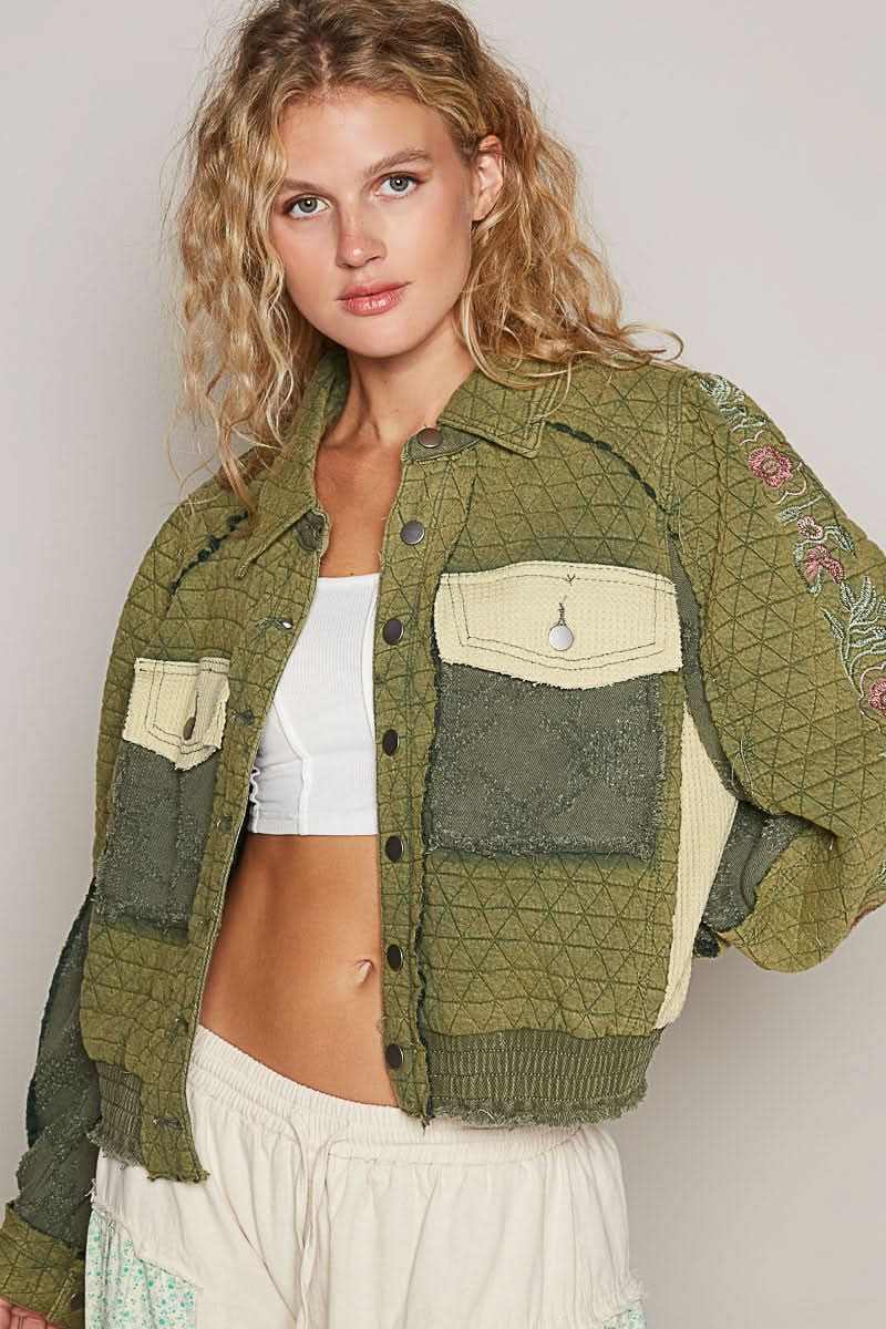 POL Embroidered Sleeve Raw Edge Quilted Jacket - Love Salve 