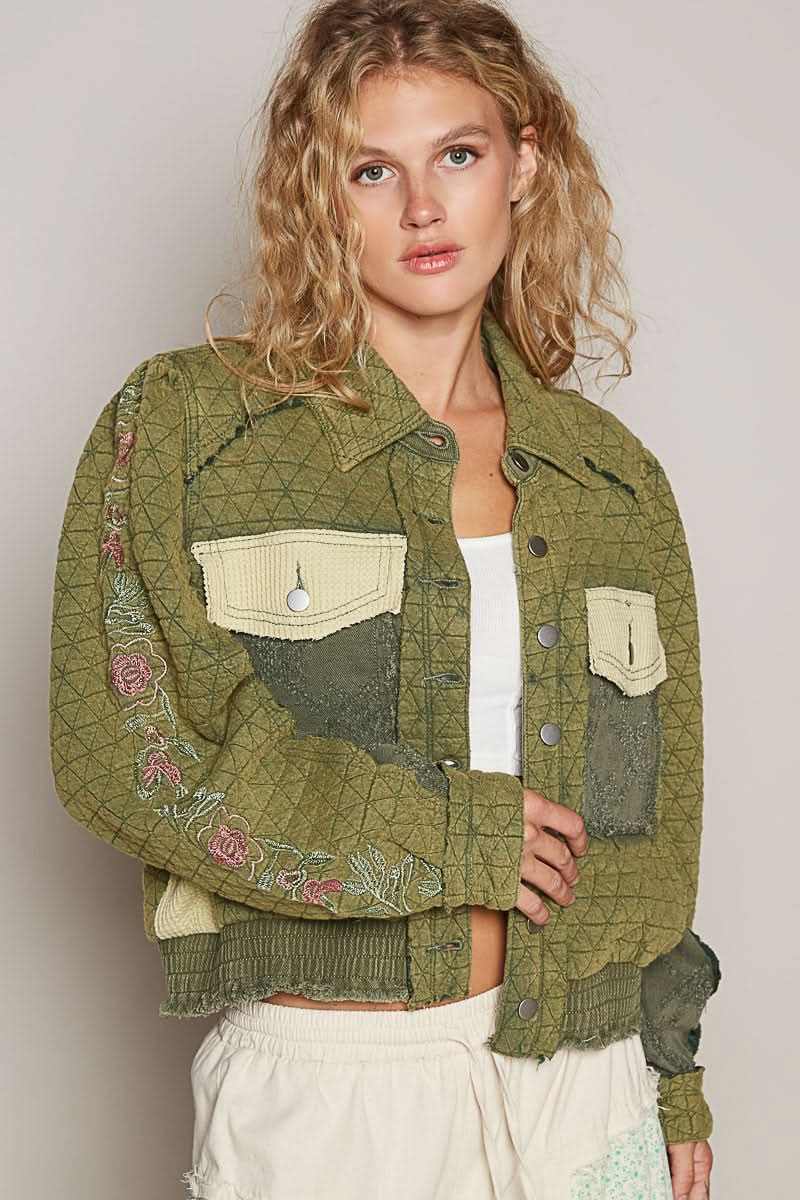 POL Embroidered Sleeve Raw Edge Quilted Jacket - Love Salve 
