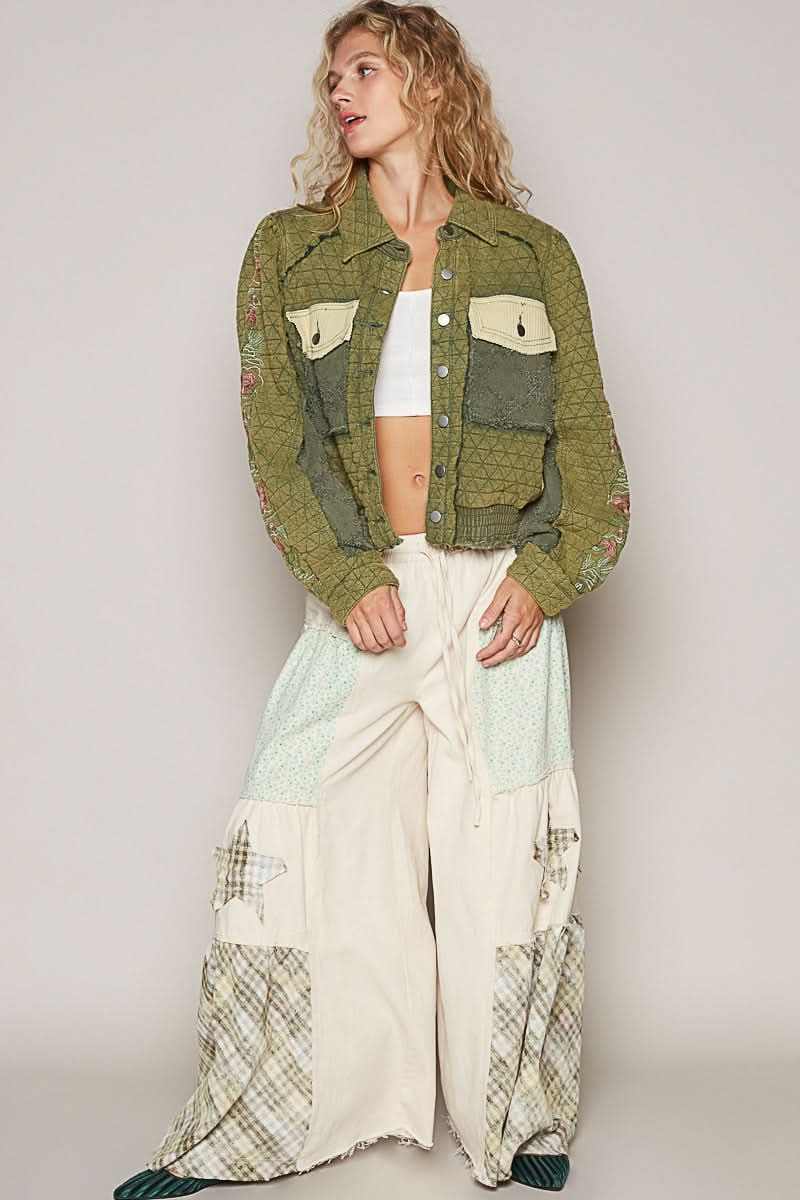 POL Embroidered Sleeve Raw Edge Quilted Jacket - Love Salve 