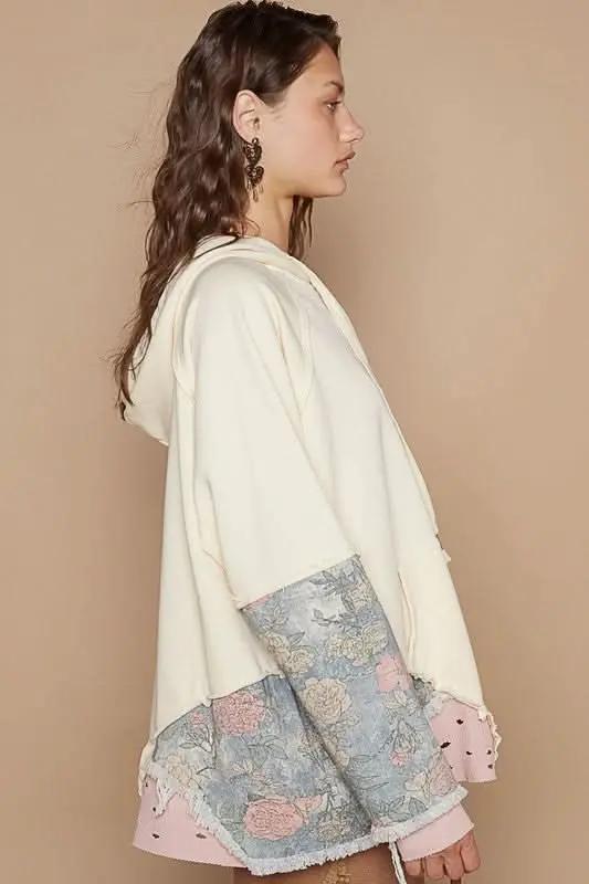 POL Floral Patchwork Distressed Drawstring Hoodie - Love Salve 