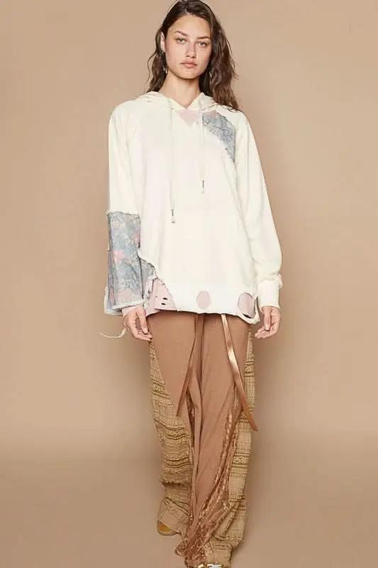 POL Floral Patchwork Distressed Drawstring Hoodie - Love Salve 