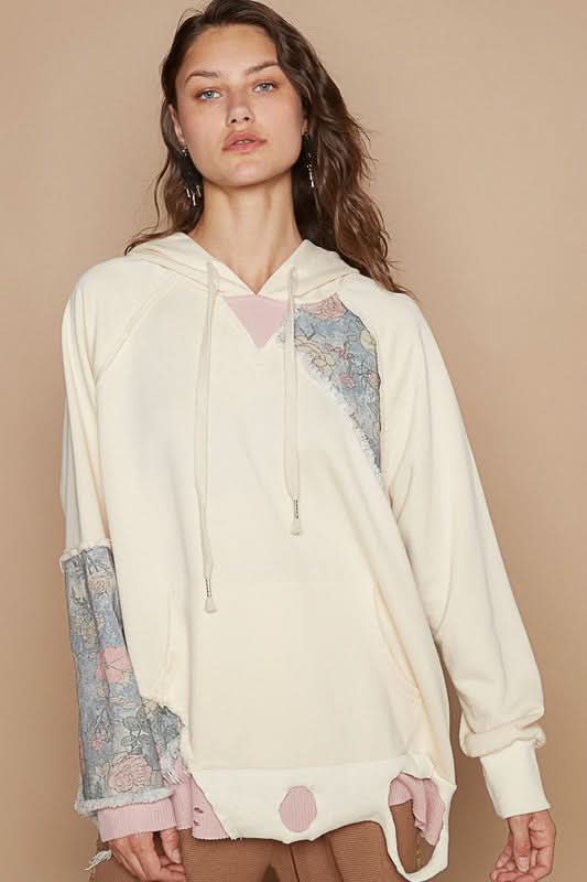 POL Floral Patchwork Distressed Drawstring Hoodie - Love Salve 