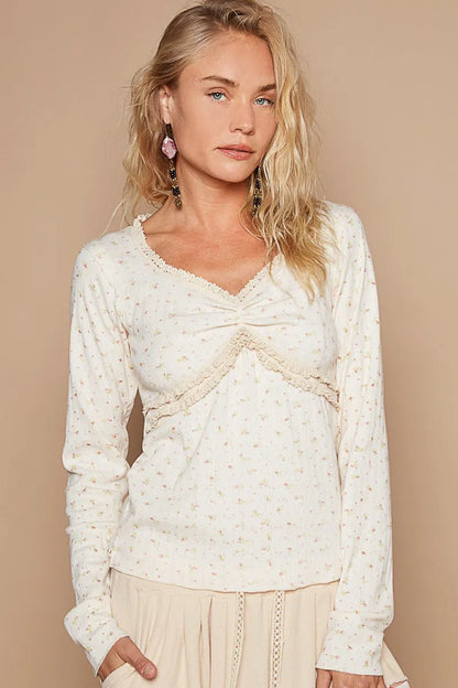 POL Floral V - Neck Long Sleeve T-Shirt - Love Salve