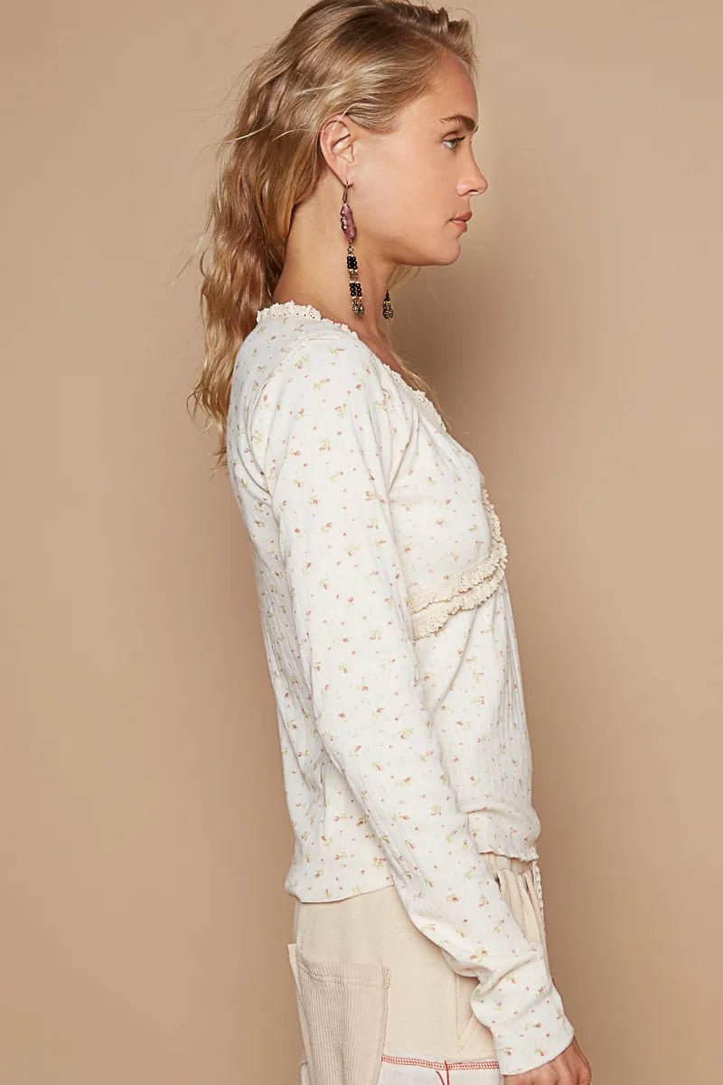 POL Floral V - Neck Long Sleeve T-Shirt - Love Salve