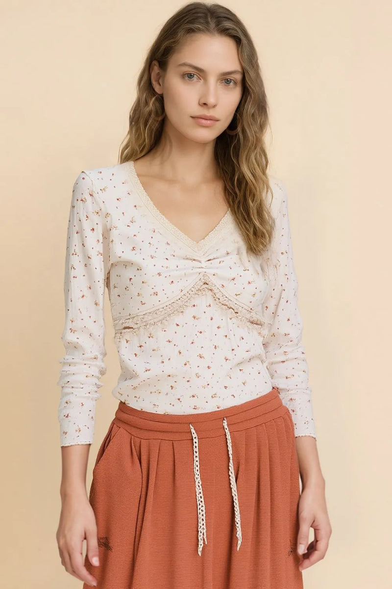 POL Floral V - Neck Long Sleeve T-Shirt - Love Salve