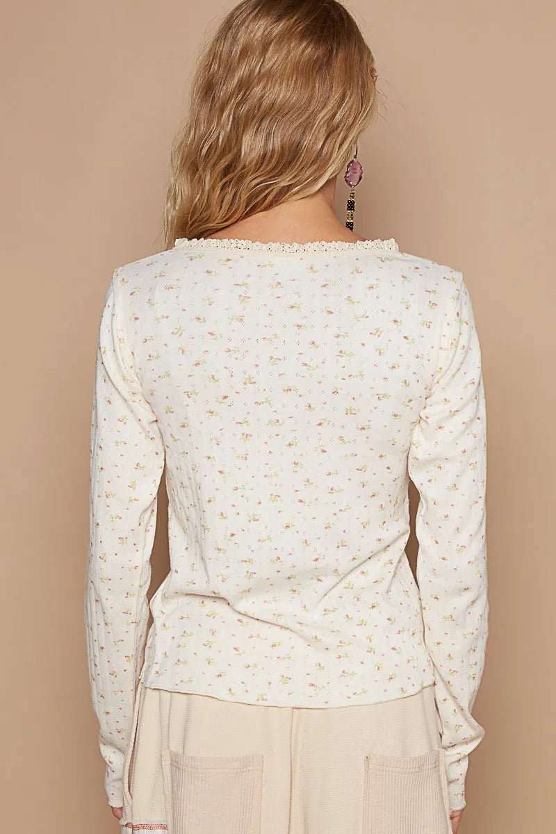 POL Floral V - Neck Long Sleeve T-Shirt - Love Salve