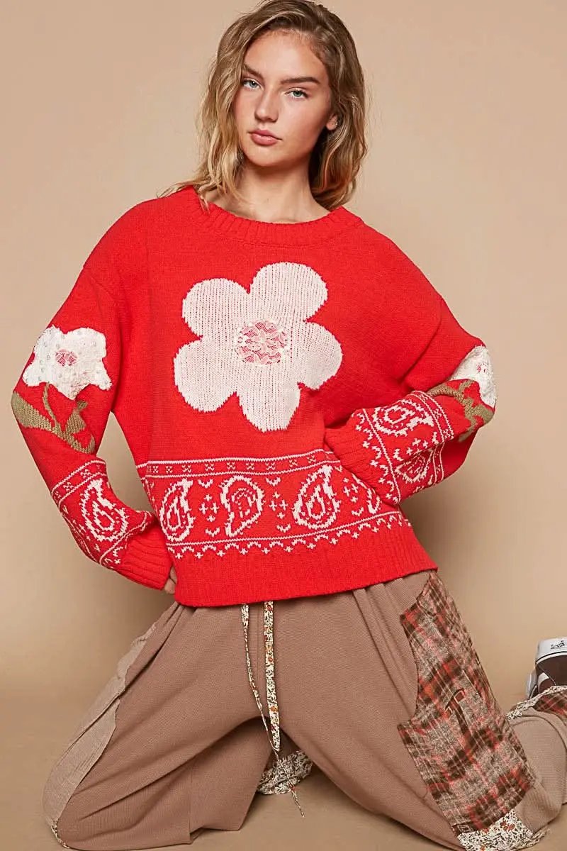 POL Flower Lace Patch Long Sleeve Sweater - Love Salve 