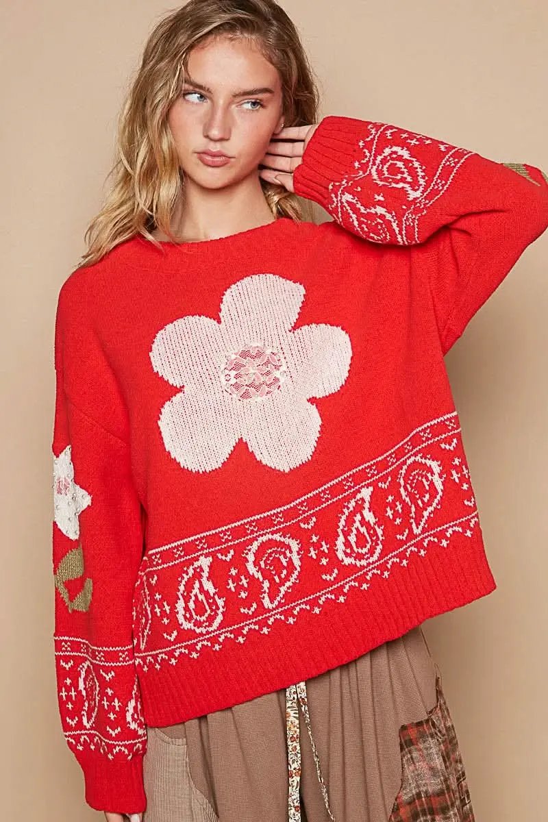 POL Flower Lace Patch Long Sleeve Sweater - Love Salve 